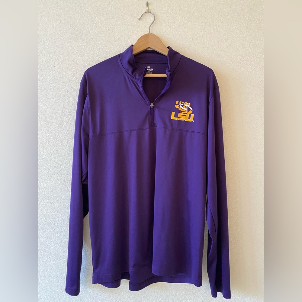 Extra large three-quarter, zip, LSU, purple sweatshirt